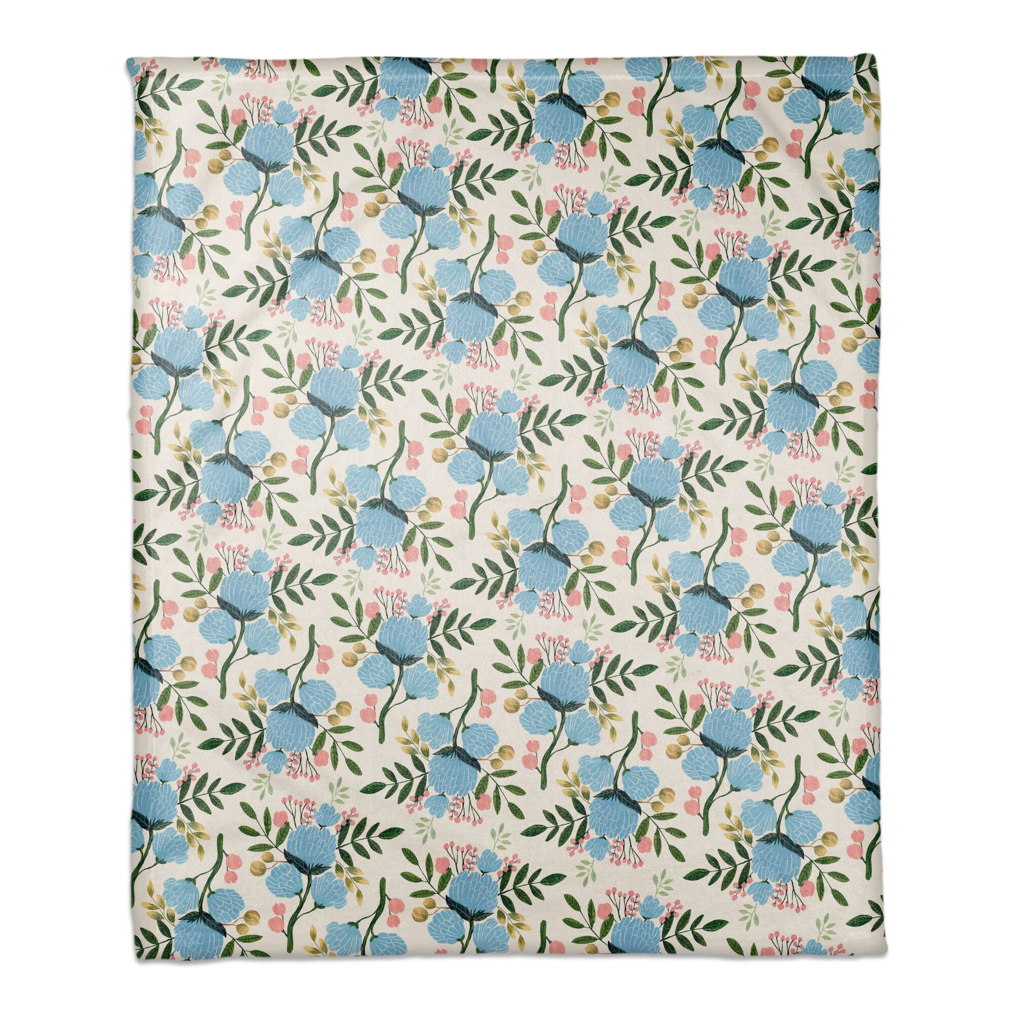 White Throw Blanket with Blue Floral Pattern